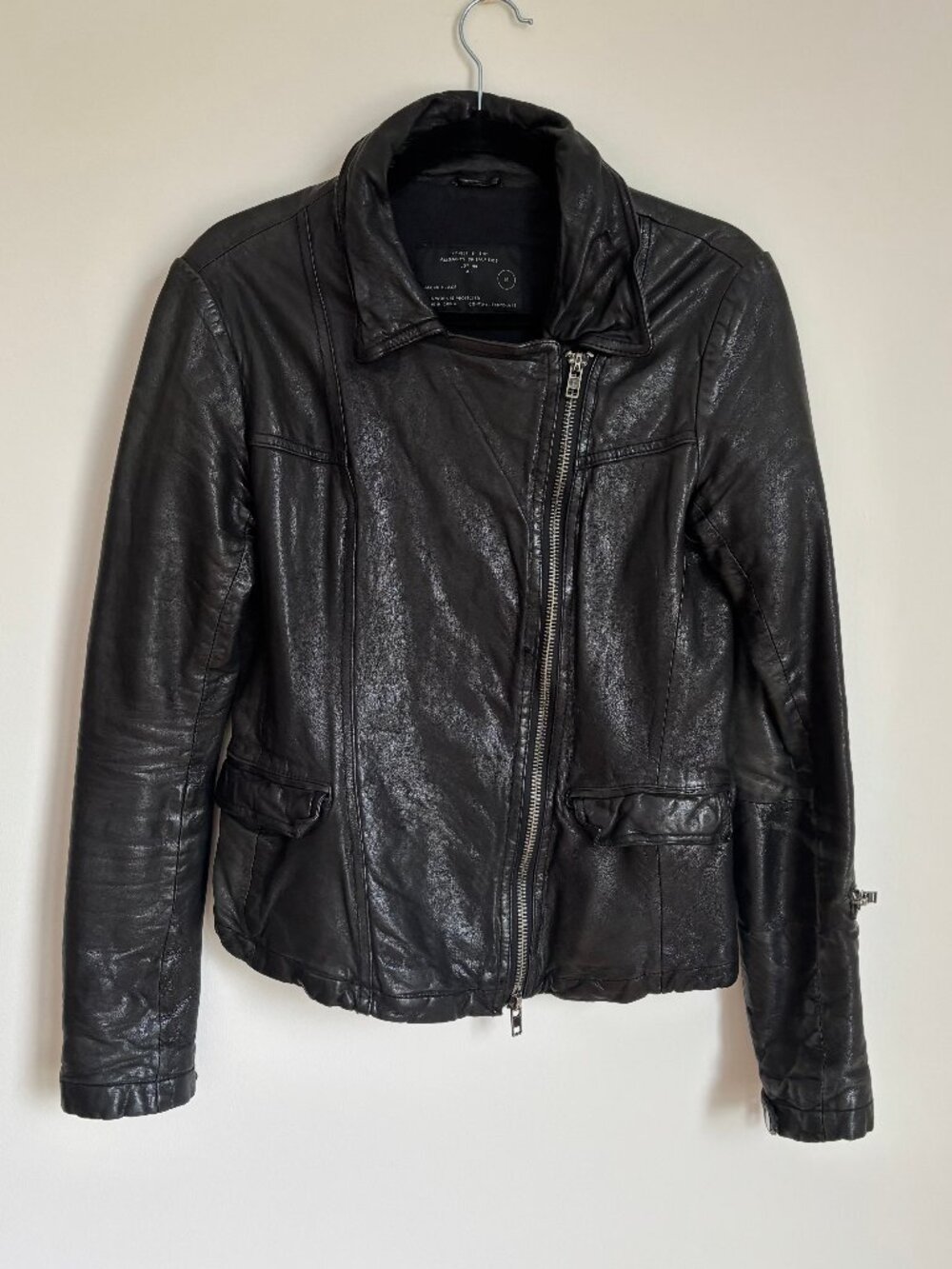 All Saints Altamont Leather Asymmetric Biker Jacket Black Size 10